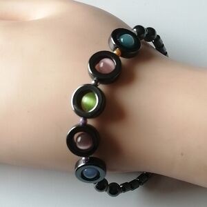 Hematite Bracelet Multicolour Glass Beaded Silvertone (Non-Magnetic)